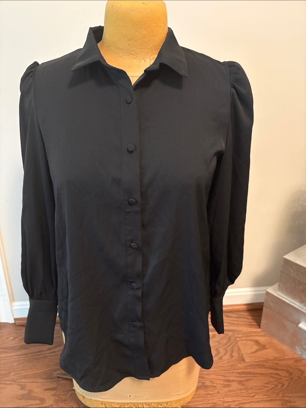 Classic Black Button-Down Blouse with Puff Sleeve Detail